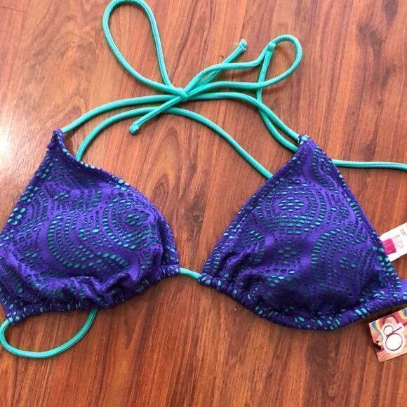 NWT OP Blue lace and green triangle bikini top size L - Picture 1 of 5